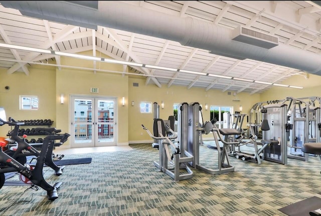 exercise room with a towering ceiling and carpet floors