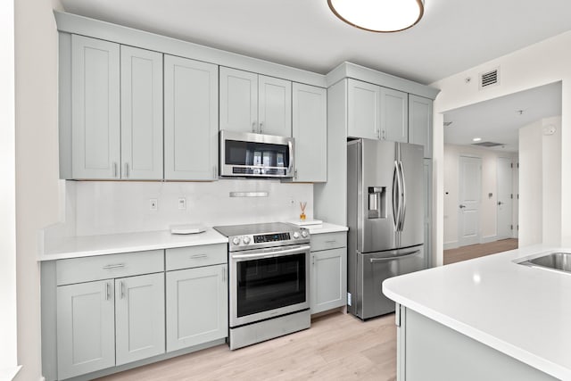 kitchen with appliances with stainless steel finishes, tasteful backsplash, gray cabinetry, and light hardwood / wood-style floors