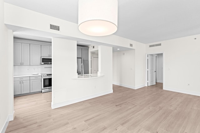 unfurnished living room featuring sink and light wood-type flooring