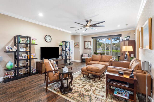 7869 Laina Ln Unit 2, Boynton Beach, FL 33437 - living area with a ceiling fan, dark wood-style floors, crown molding, recessed lighting, and baseboards