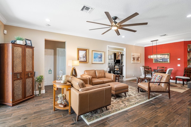 7869 Laina Ln Unit 2, Boynton Beach, FL 33437 - living room with ceiling fan, crown molding, dark wood-type flooring, recessed lighting, and baseboards