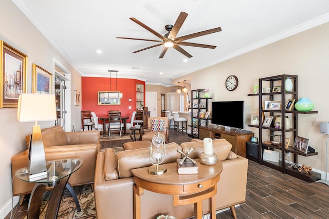 7869 Laina Ln Unit 2, Boynton Beach, FL 33437 - living room with ceiling fan, ornamental molding, dark wood-type flooring, recessed lighting, and baseboards
