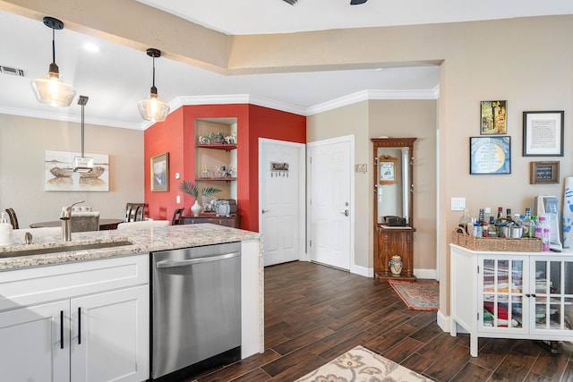 7869 Laina Ln Unit 2, Boynton Beach, FL 33437 - kitchen with dishwasher, a sink, dark wood-type flooring, white cabinets, and decorative light fixtures