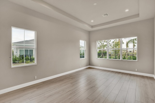 spare room featuring light wood-type flooring and a raised ceiling