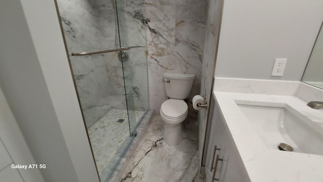 bathroom featuring an enclosed shower, vanity, and toilet