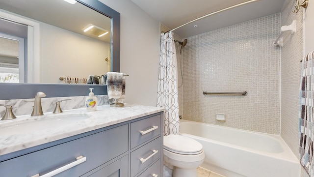 full bathroom with toilet, vanity, and shower / tub combo