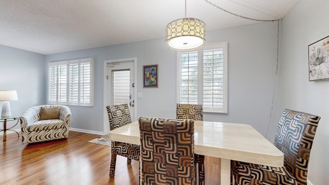 dining space with a textured ceiling and hardwood / wood-style flooring