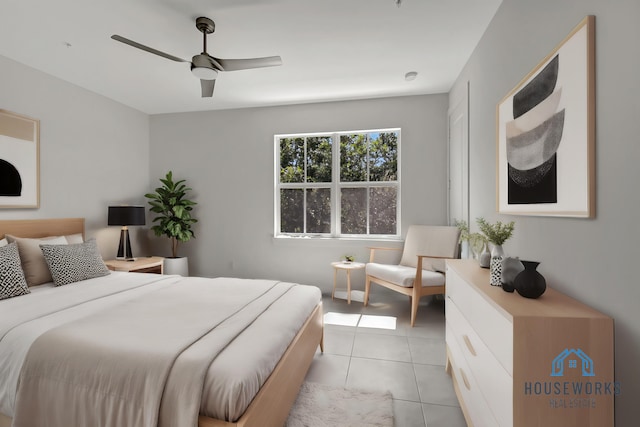 bedroom featuring ceiling fan and light tile patterned floors