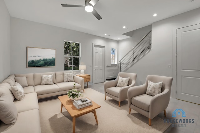 living room with ceiling fan