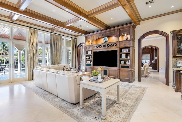 tiled living room with beam ceiling, crown molding, and coffered ceiling