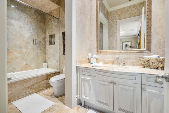 full bathroom featuring bath / shower combo with glass door, vanity, crown molding, and toilet