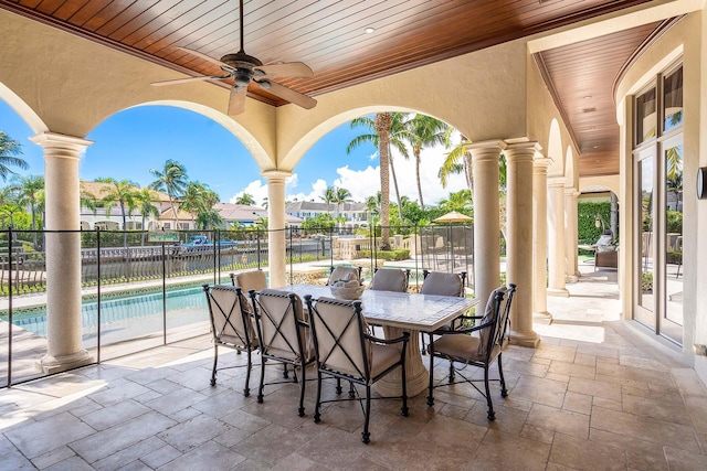 view of patio / terrace with ceiling fan and a fenced in pool