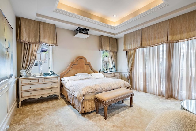 bedroom featuring light carpet and a tray ceiling