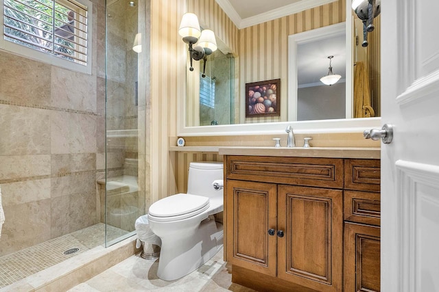 bathroom featuring vanity, tile patterned flooring, walk in shower, crown molding, and toilet