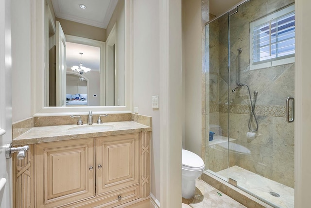 bathroom with walk in shower, a chandelier, vanity, and toilet