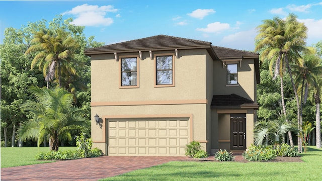 view of front of property featuring a front lawn, a garage, decorative driveway, and stucco siding