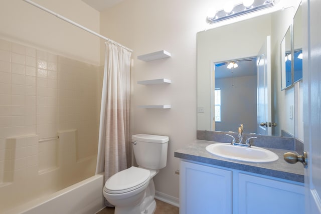 full bathroom with vanity, ceiling fan, toilet, and shower / tub combo with curtain