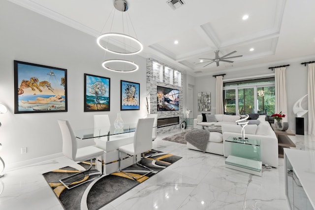 tiled dining room with coffered ceiling, ceiling fan with notable chandelier, and crown molding