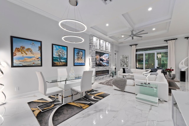 tiled dining area with ornamental molding, coffered ceiling, and ceiling fan with notable chandelier