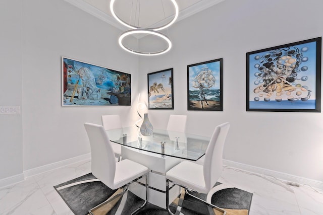 dining space with light tile patterned flooring and ornamental molding