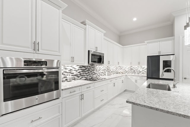 kitchen with tasteful backsplash, ornamental molding, sink, appliances with stainless steel finishes, and light tile patterned floors