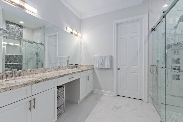 bathroom featuring ornamental molding, dual vanity, tile patterned floors, and walk in shower