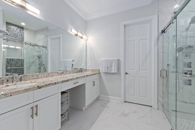 bathroom featuring an enclosed shower, ornamental molding, and vanity