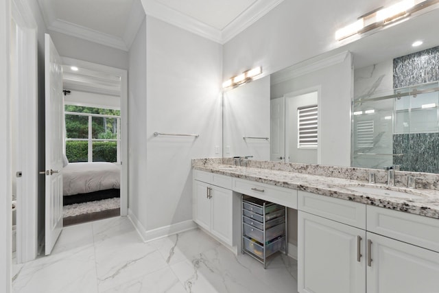 bathroom featuring double vanity, crown molding, and tile patterned flooring