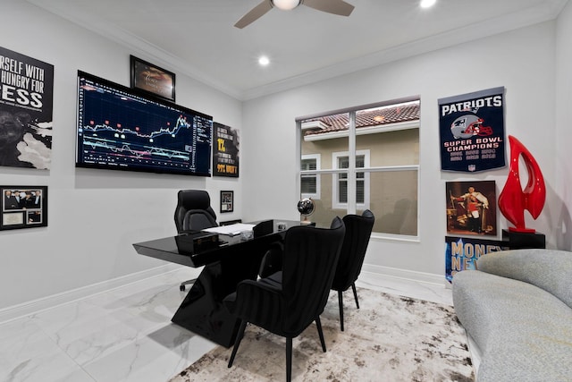 office area with light tile patterned flooring, crown molding, and ceiling fan