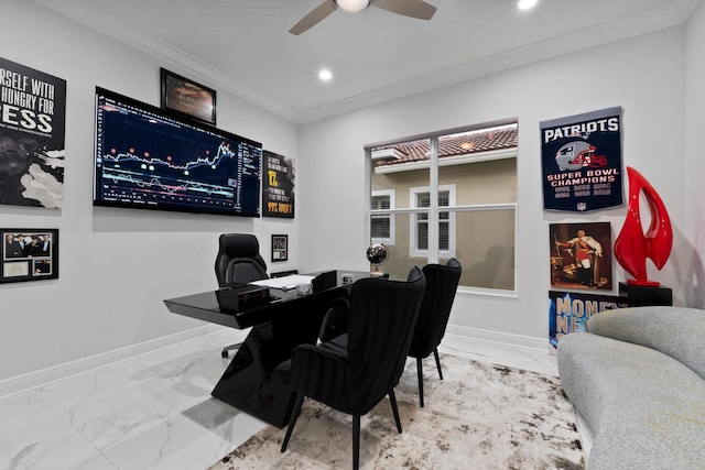 home office with ceiling fan and ornamental molding