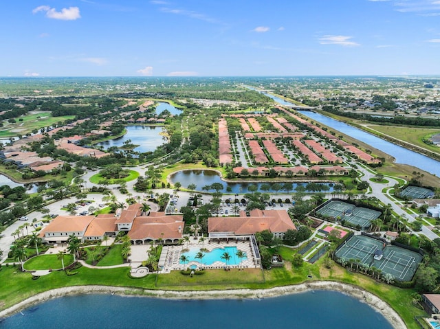 drone / aerial view with a water view