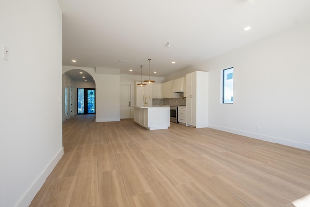 unfurnished living room featuring a healthy amount of sunlight, light hardwood / wood-style floors, and sink