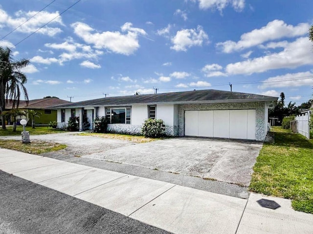 single story home featuring concrete driveway, an attached garage, and stucco siding