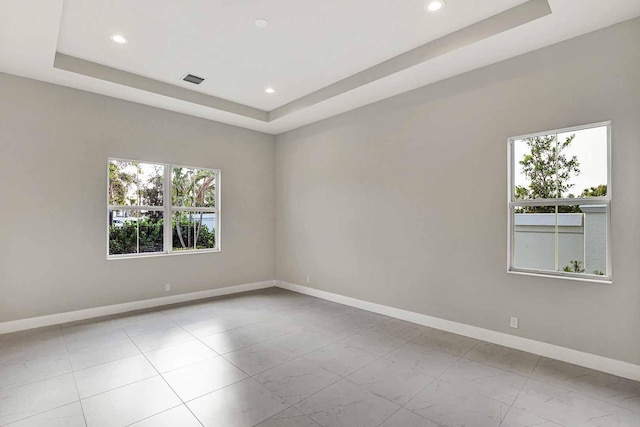 spare room with a healthy amount of sunlight and a tray ceiling