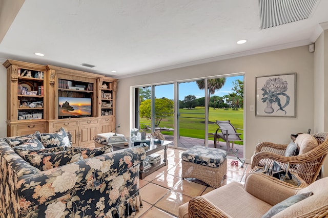 living room with light tile patterned flooring and crown molding