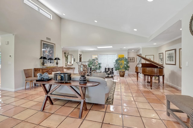 living room featuring light tile patterned floors and high vaulted ceiling