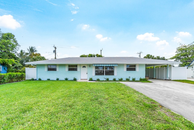 ranch-style house with a carport and a front lawn