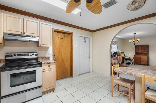 kitchen featuring ceiling fan with notable chandelier, pendant lighting, light brown cabinetry, stainless steel range with electric stovetop, and crown molding