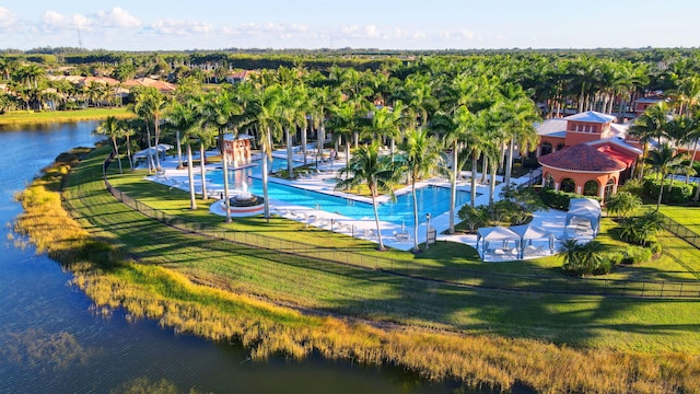 bird's eye view with a water view