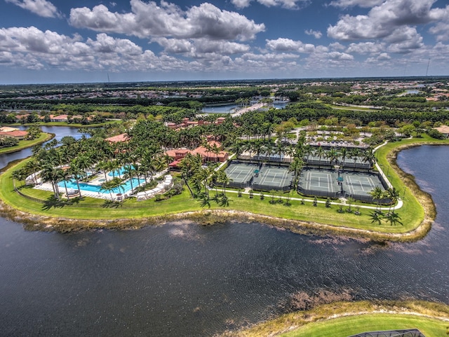 drone / aerial view with a water view