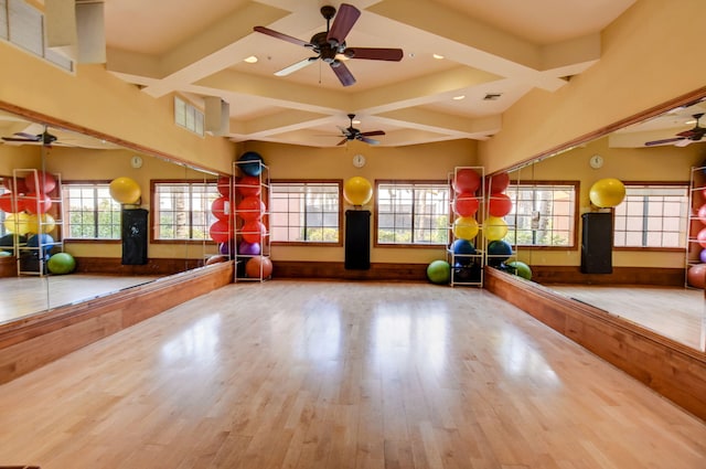 exercise area with hardwood / wood-style flooring, coffered ceiling, and ceiling fan