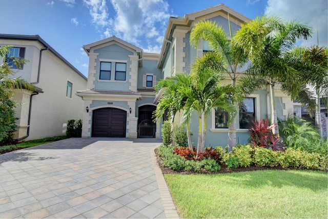 view of front of property featuring a garage and a front lawn