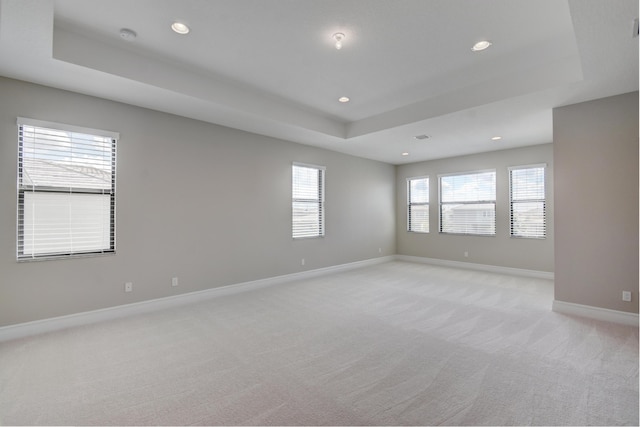 unfurnished room with light colored carpet and a tray ceiling