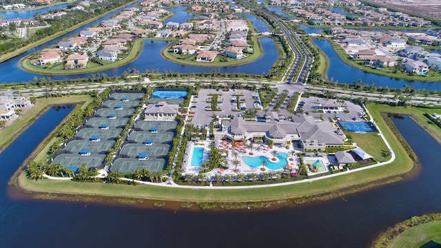 aerial view featuring a water view