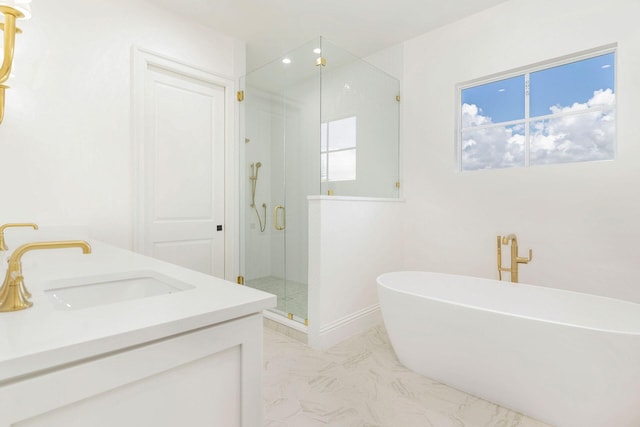 bathroom featuring tile patterned floors, plus walk in shower, vanity, and plenty of natural light