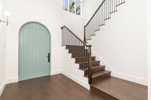 entryway featuring a towering ceiling and dark hardwood / wood-style flooring