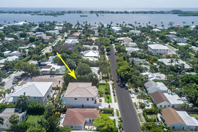 bird's eye view with a water view