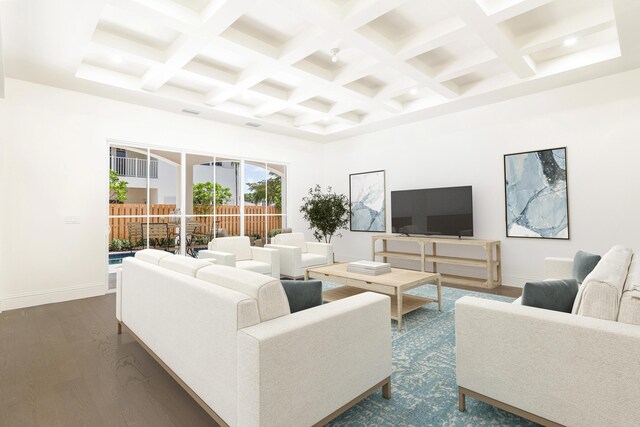 living room with beamed ceiling, dark hardwood / wood-style flooring, and coffered ceiling