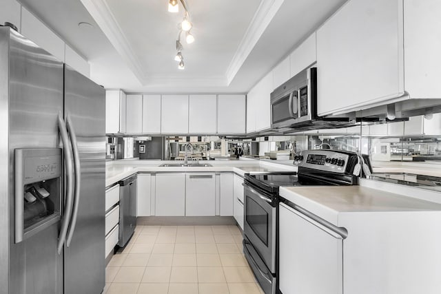 kitchen featuring appliances with stainless steel finishes, white cabinetry, crown molding, and a raised ceiling