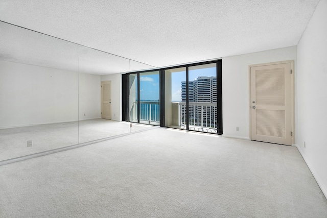 unfurnished room with light carpet, a textured ceiling, and expansive windows